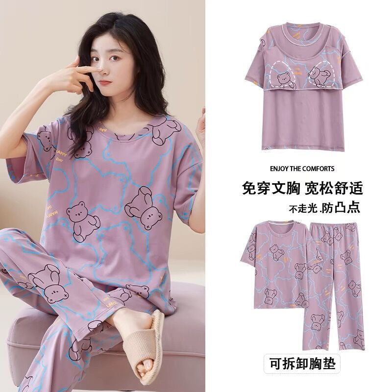 Short Sleeve Pants With Chest Pad Pajamas Women's Summer Two-piece Thin Home Clothes Large Size