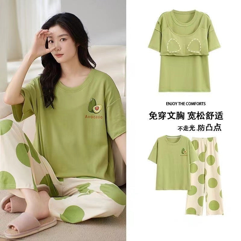 Short Sleeve Pants With Chest Pad Pajamas Women's Summer Two-piece Thin Home Clothes Large Size
