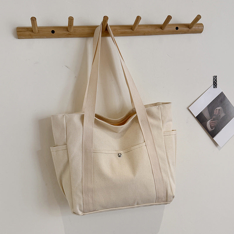 Canvas Bag Women's Handbag Single Shoulder Bag College Students All-match Handbag Commuter Large Capacity Mend-up Bag Multi-pocket