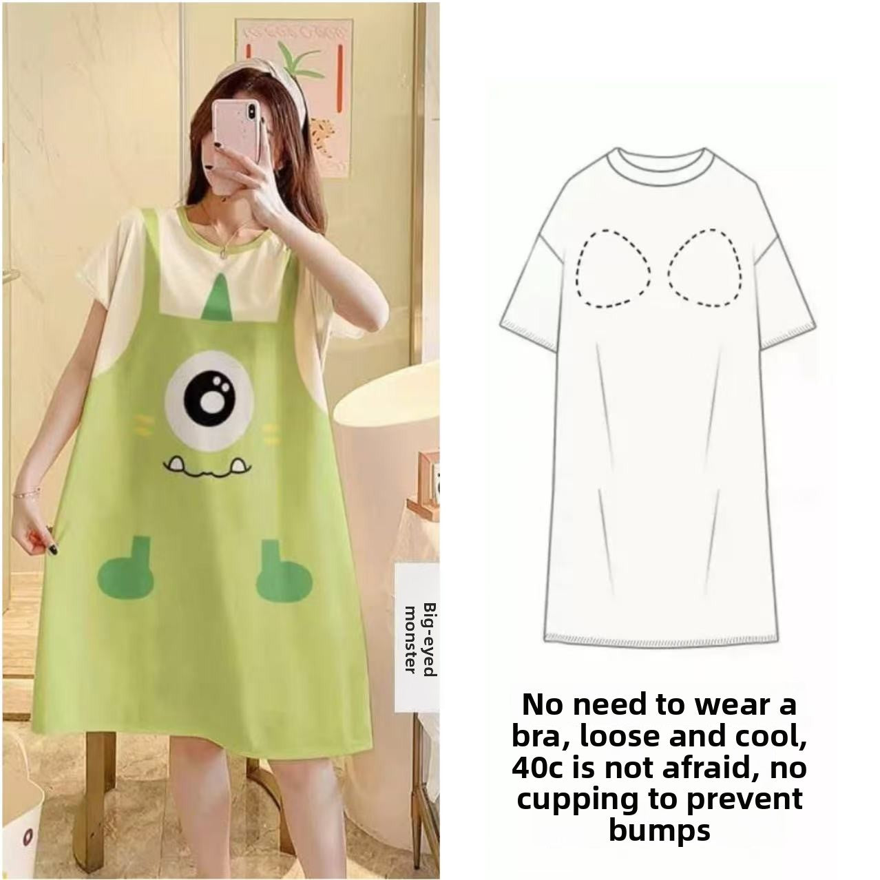 Nightgown with Chest Pad Women's Summer Short-sleeved Loose Nightgown Anti-bump Summer Outwear dress