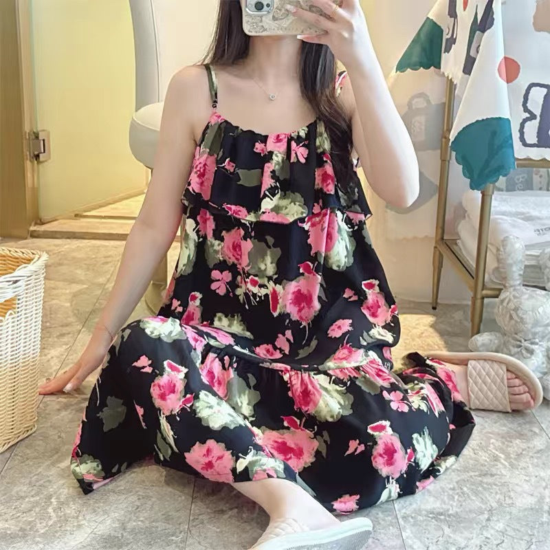 Printed Cotton Rayon Nightdress Loose Fit Loungewear for Summer Wearable Outdoors