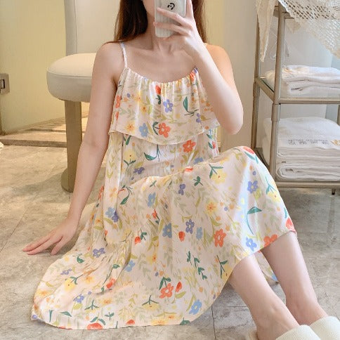 Printed Cotton Rayon Nightdress Loose Fit Loungewear for Summer Wearable Outdoors