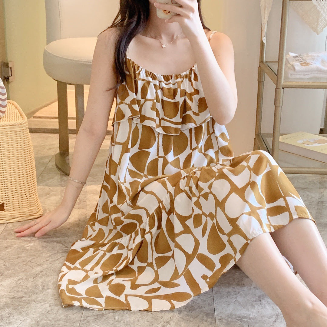 Printed Cotton Rayon Nightdress Loose Fit Loungewear for Summer Wearable Outdoors