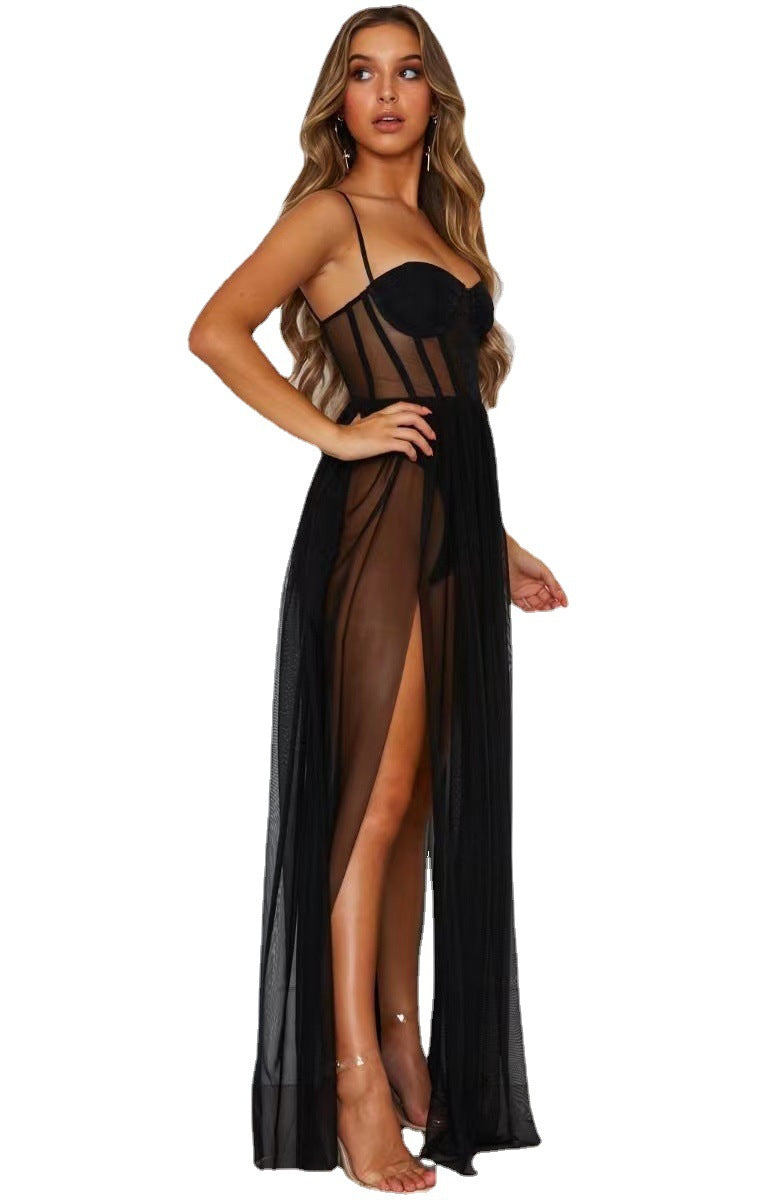 Solid-color mesh long dress