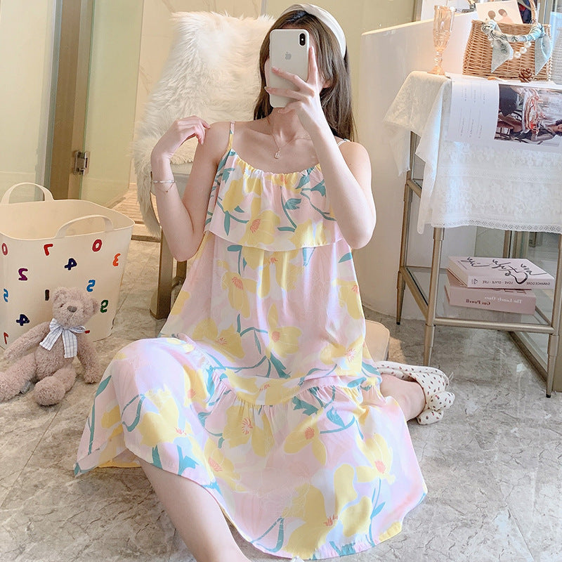 Printed Cotton Rayon Nightdress Loose Fit Loungewear for Summer Wearable Outdoors