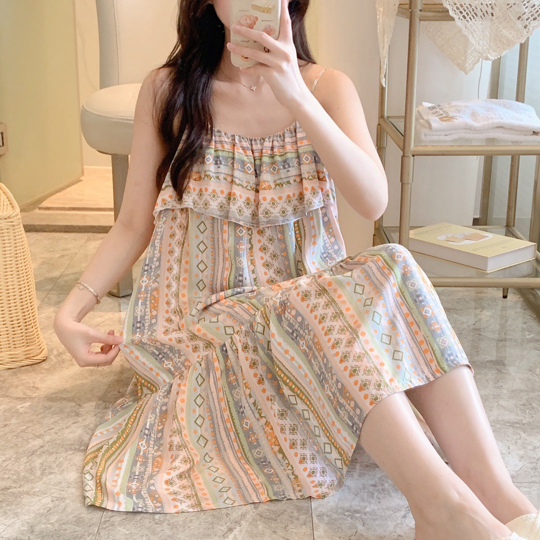 Printed Cotton Rayon Nightdress Loose Fit Loungewear for Summer Wearable Outdoors