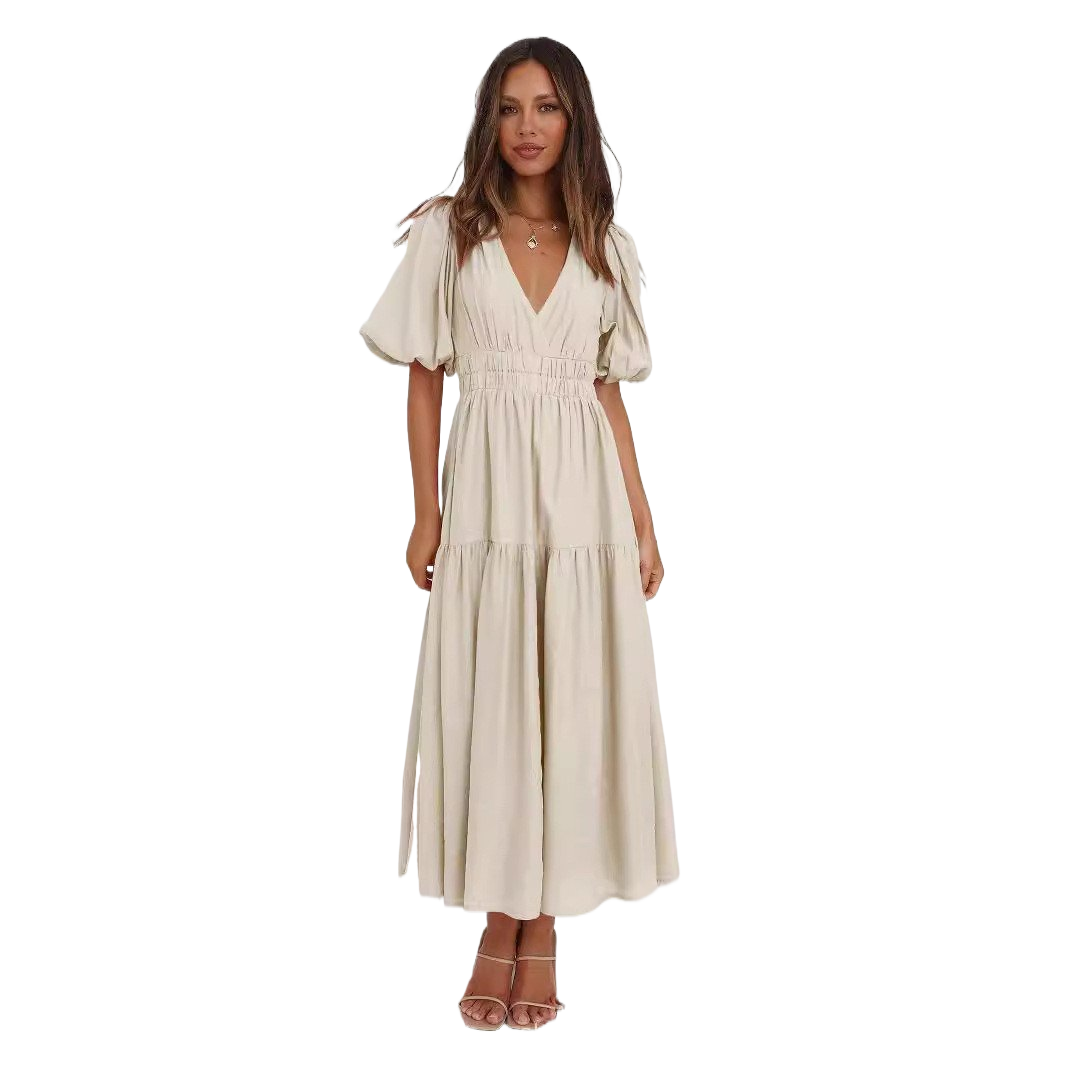 Deep V puffed sleeve vacation dress