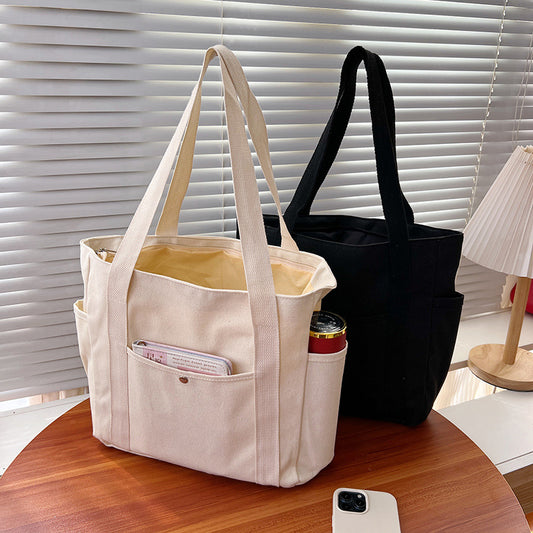 Canvas Bag Women's Handbag Single Shoulder Bag College Students All-match Handbag Commuter Large Capacity Mend-up Bag Multi-pocket