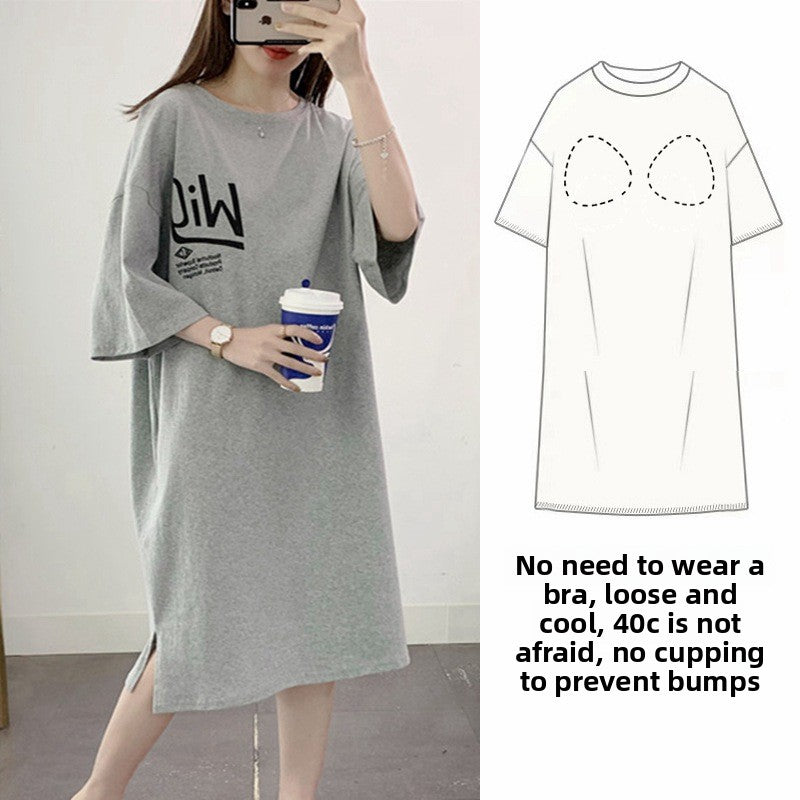 Nightgown with Chest Pad Women's Summer Short-sleeved Loose Nightgown Anti-bump Summer Outwear dress