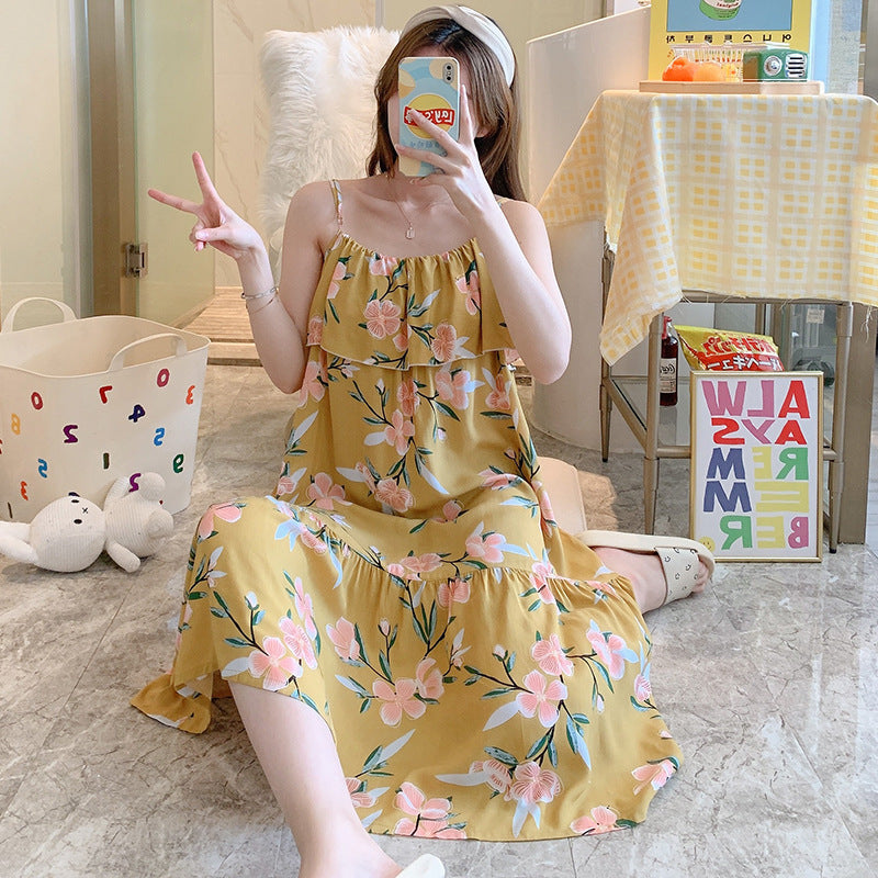 Printed Cotton Rayon Nightdress Loose Fit Loungewear for Summer Wearable Outdoors