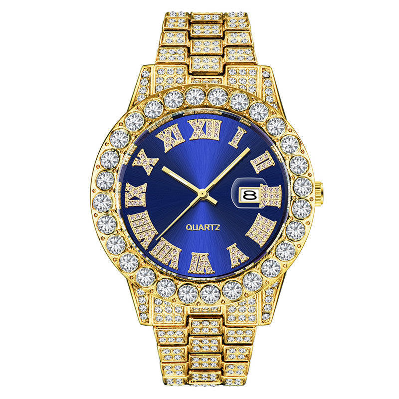 Hip hop Mens Full Diamond Stainless Steel Date Quartz Watch