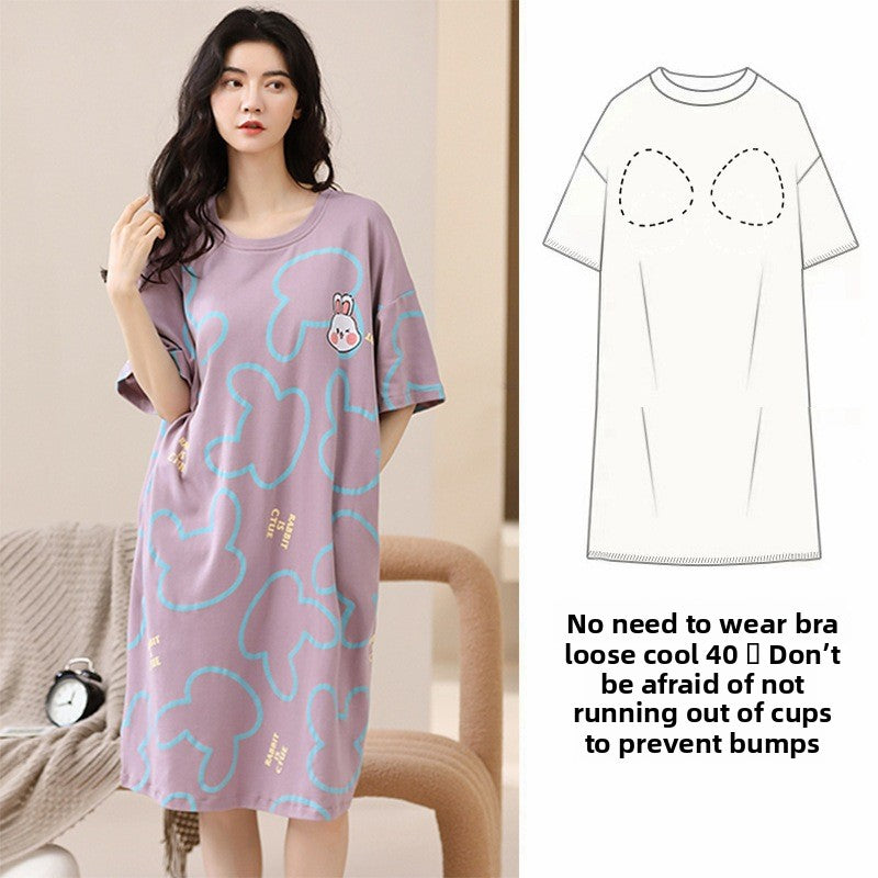 Nightgown with Chest Pad Women's Summer Short-sleeved Loose Nightgown Anti-bump Summer Outwear dress