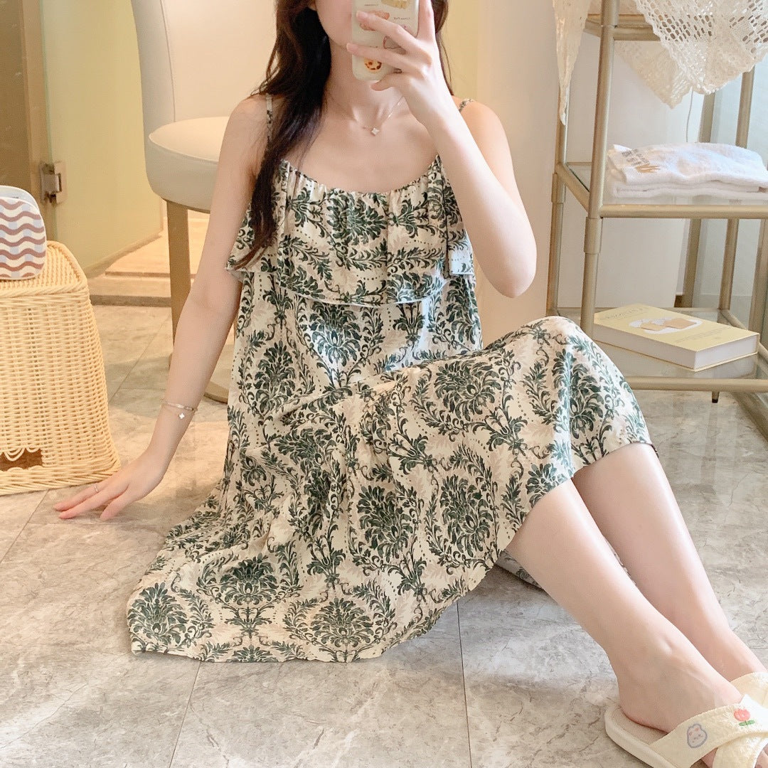 Printed Cotton Rayon Nightdress Loose Fit Loungewear for Summer Wearable Outdoors