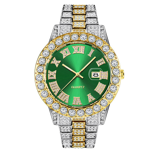 Hip hop Mens Full Diamond Stainless Steel Date Quartz Watch