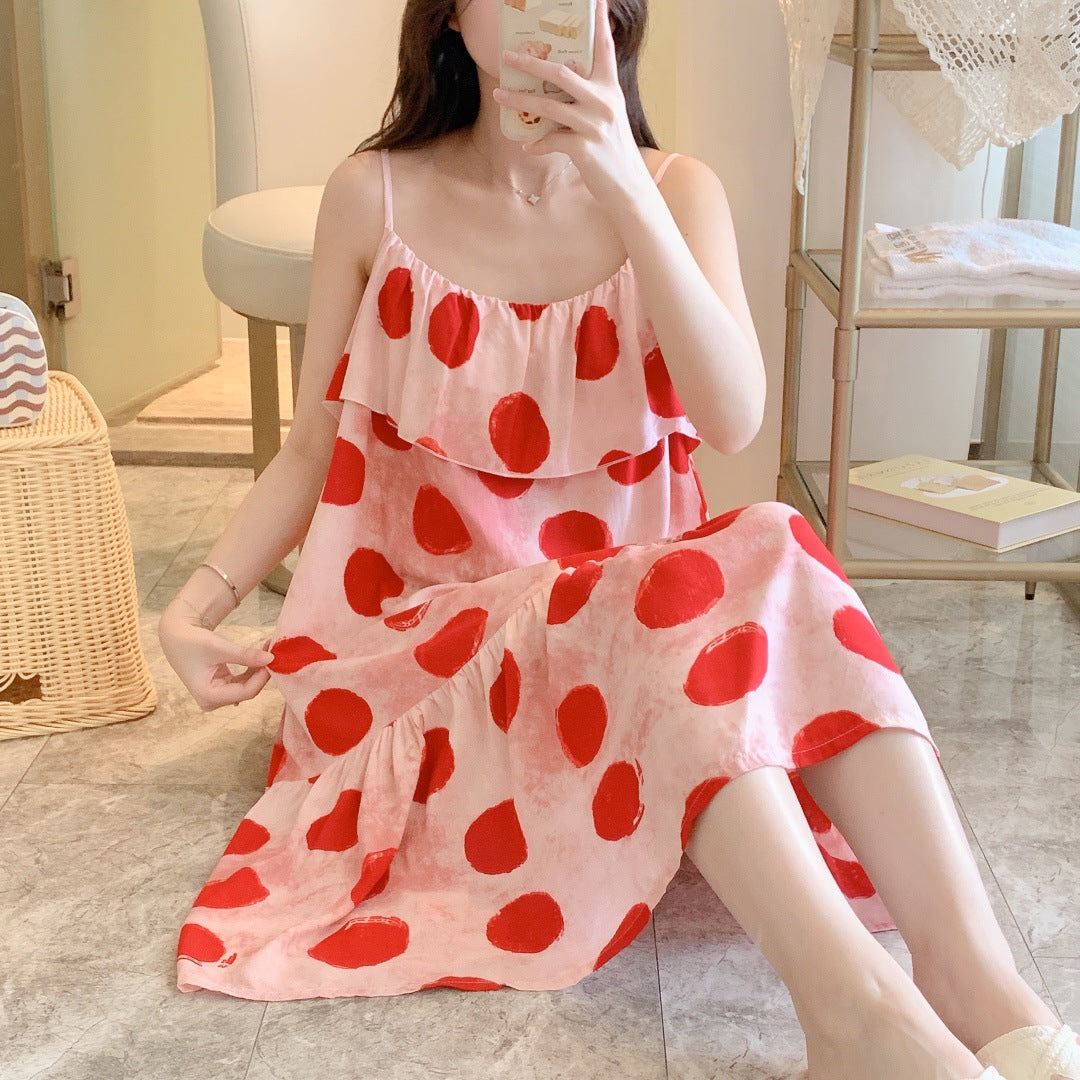 Printed Cotton Rayon Nightdress Loose Fit Loungewear for Summer Wearable Outdoors