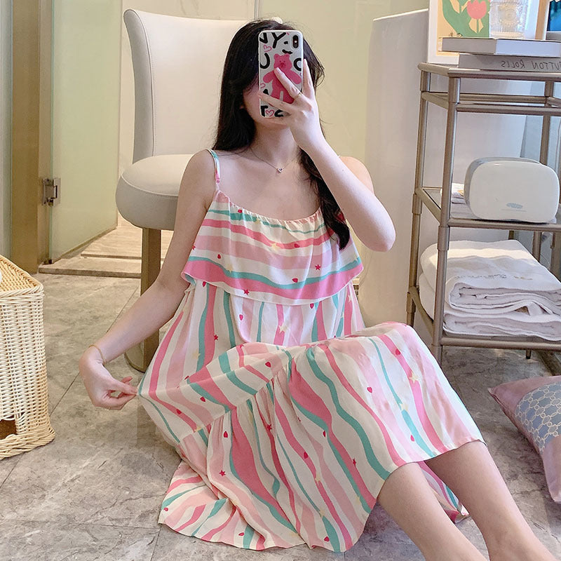 Printed Cotton Rayon Nightdress Loose Fit Loungewear for Summer Wearable Outdoors