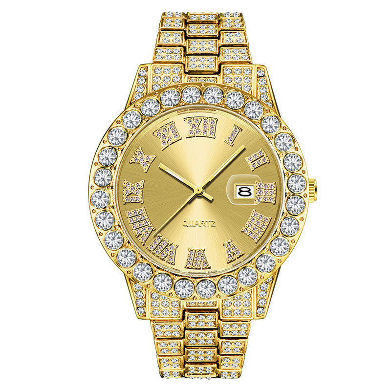 Hip hop Mens Full Diamond Stainless Steel Date Quartz Watch