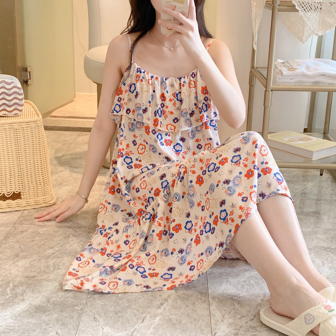 Printed Cotton Rayon Nightdress Loose Fit Loungewear for Summer Wearable Outdoors