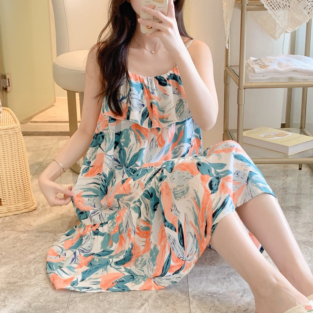 Printed Cotton Rayon Nightdress Loose Fit Loungewear for Summer Wearable Outdoors