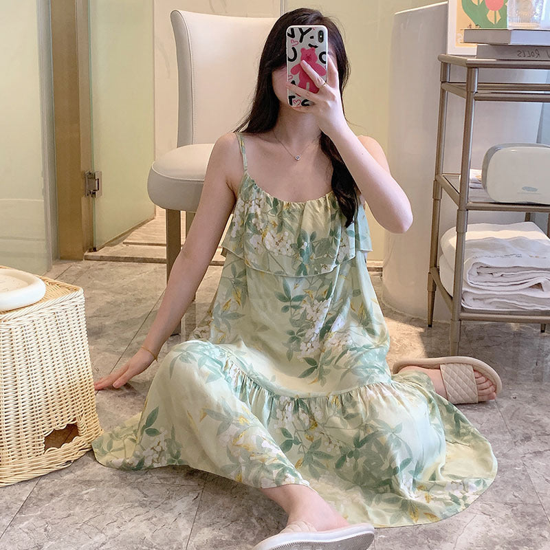 Printed Cotton Rayon Nightdress Loose Fit Loungewear for Summer Wearable Outdoors