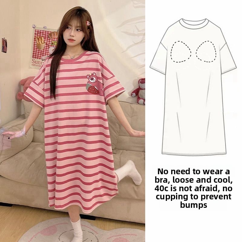 Nightgown with Chest Pad Women's Summer Short-sleeved Loose Nightgown Anti-bump Summer Outwear dress