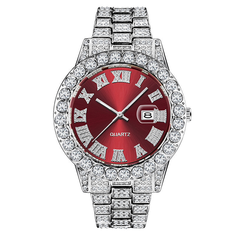 Hip hop Mens Full Diamond Stainless Steel Date Quartz Watch