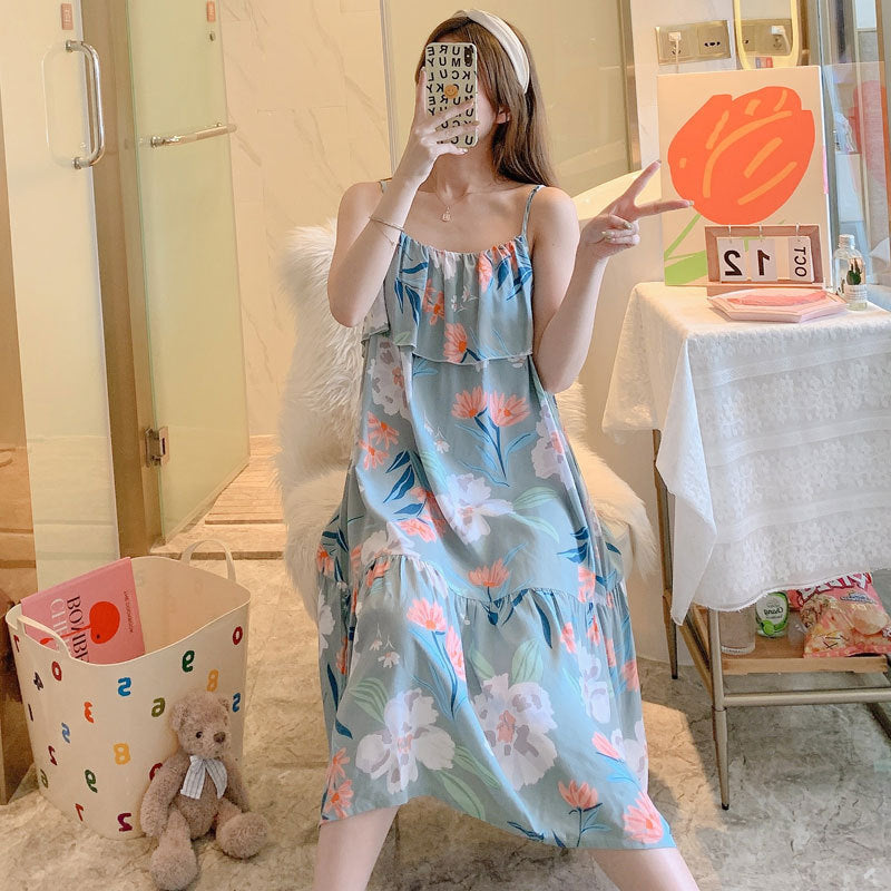 Printed Cotton Rayon Nightdress Loose Fit Loungewear for Summer Wearable Outdoors
