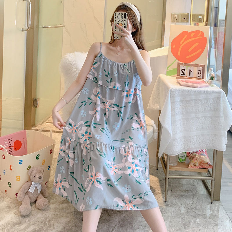 Printed Cotton Rayon Nightdress Loose Fit Loungewear for Summer Wearable Outdoors