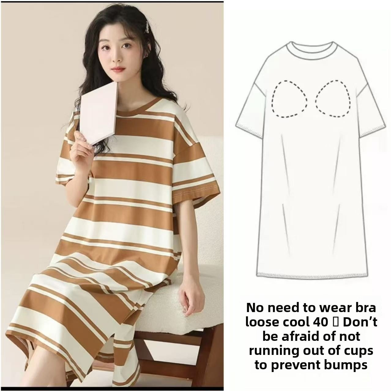 Nightgown with Chest Pad Women's Summer Short-sleeved Loose Nightgown Anti-bump Summer Outwear dress
