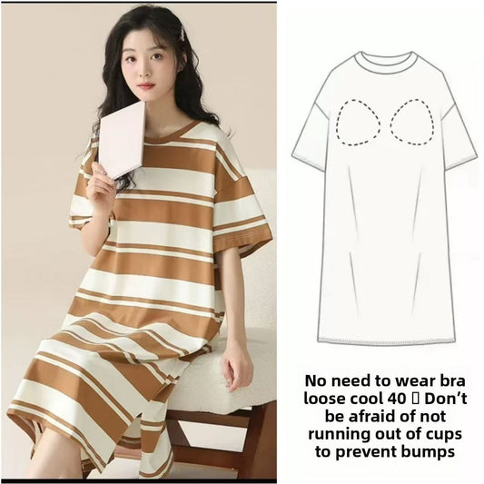 Nightgown with Chest Pad Women's Summer Short-sleeved Loose Nightgown Anti-bump Summer Outwear dress
