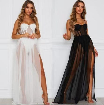 Solid-color mesh long dress