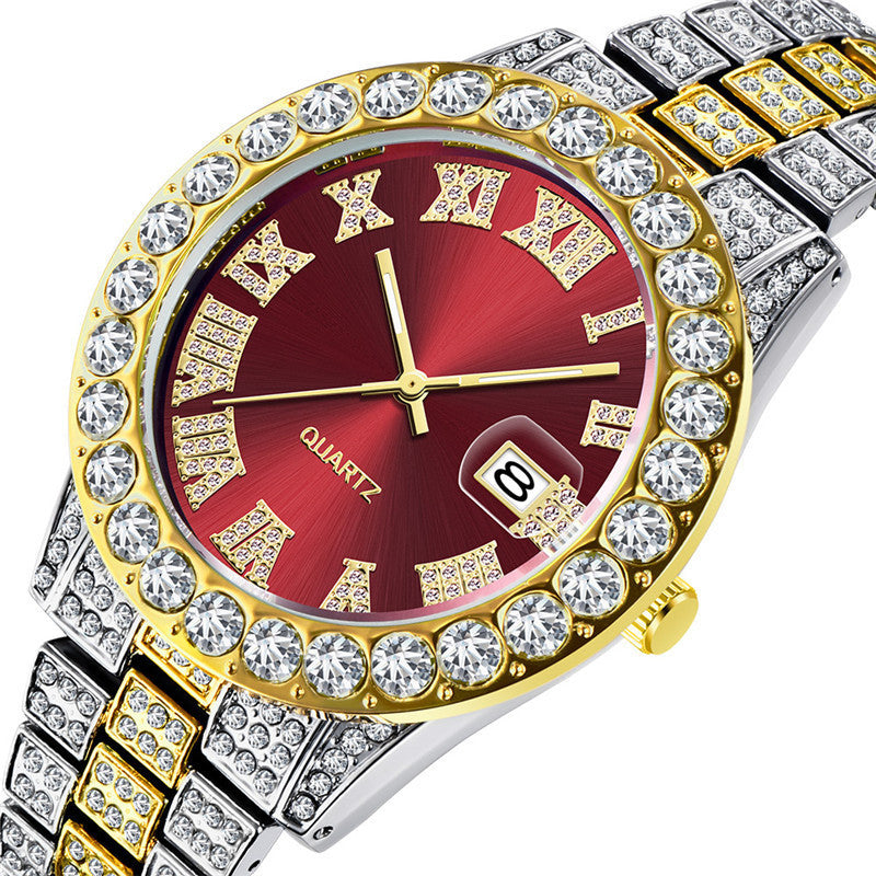 Hip hop Mens Full Diamond Stainless Steel Date Quartz Watch