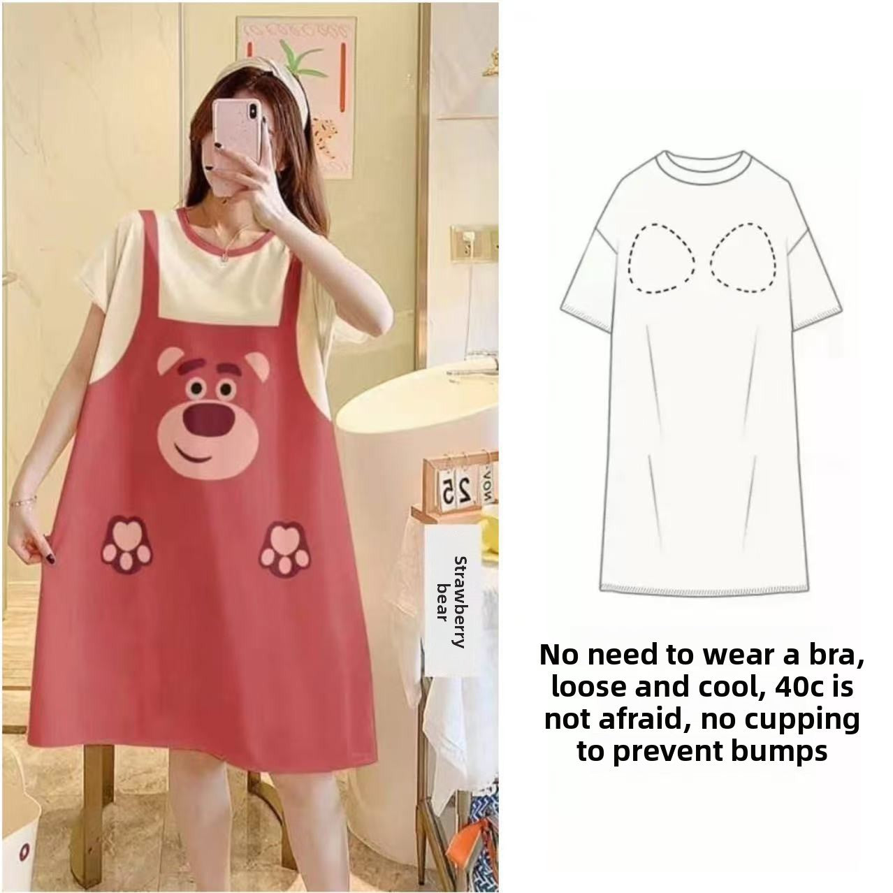 Nightgown with Chest Pad Women's Summer Short-sleeved Loose Nightgown Anti-bump Summer Outwear dress