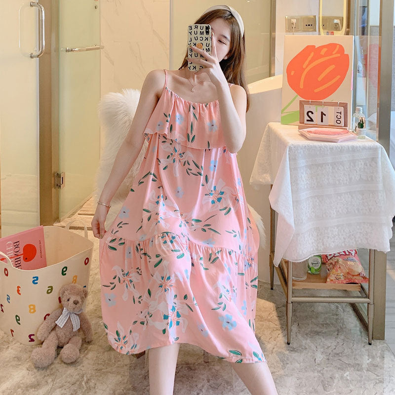 Printed Cotton Rayon Nightdress Loose Fit Loungewear for Summer Wearable Outdoors