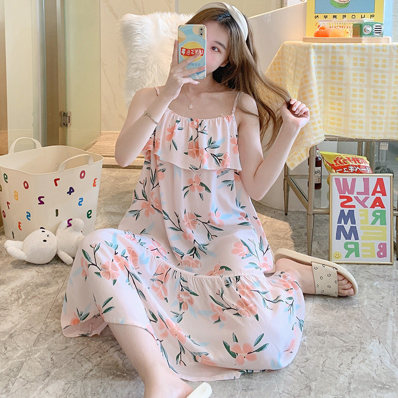 Printed Cotton Rayon Nightdress Loose Fit Loungewear for Summer Wearable Outdoors