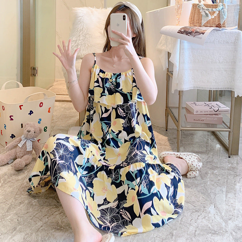 Printed Cotton Rayon Nightdress Loose Fit Loungewear for Summer Wearable Outdoors