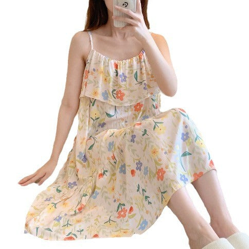Printed Cotton Rayon Nightdress Loose Fit Loungewear for Summer Wearable Outdoors