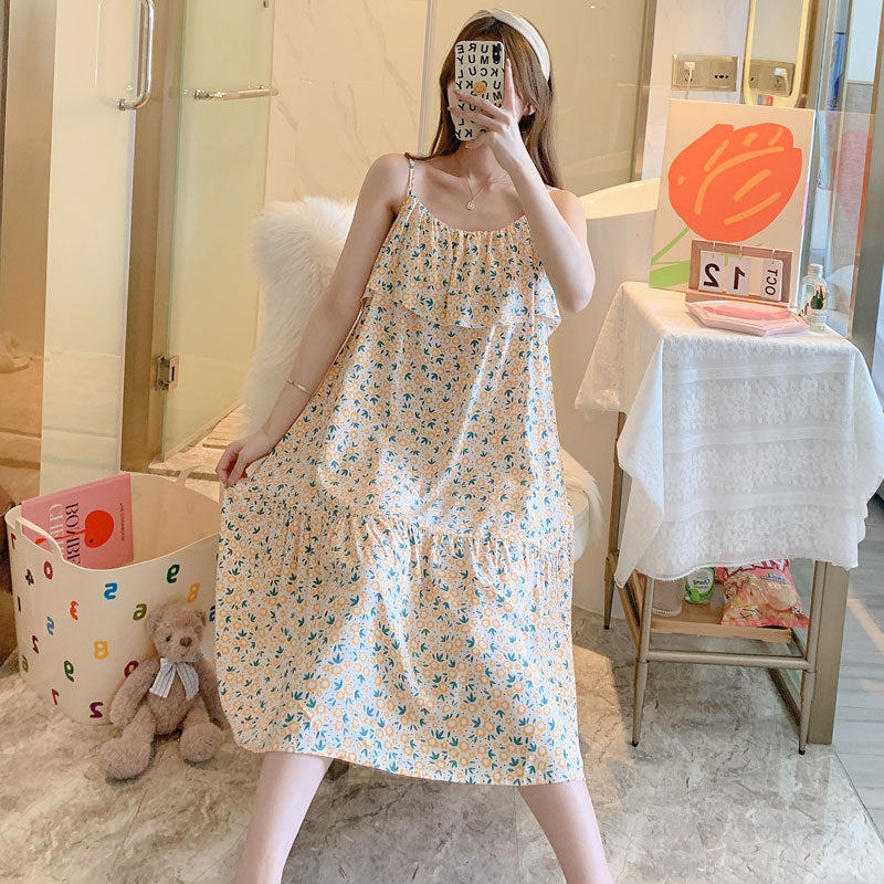 Printed Cotton Rayon Nightdress Loose Fit Loungewear for Summer Wearable Outdoors
