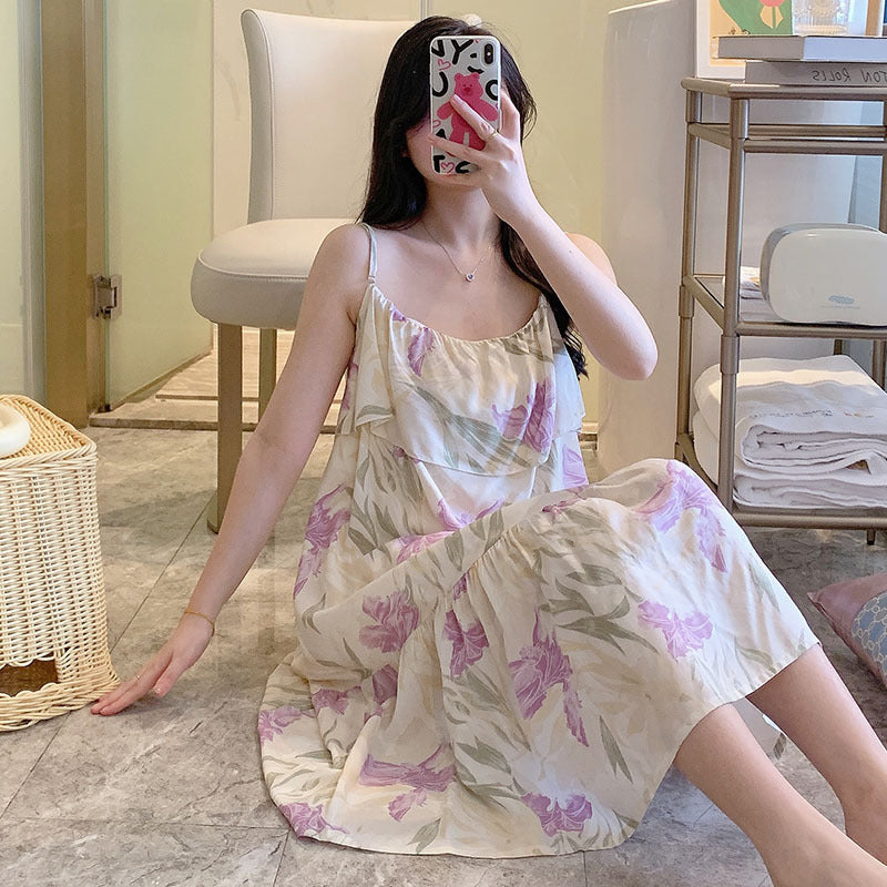 Printed Cotton Rayon Nightdress Loose Fit Loungewear for Summer Wearable Outdoors