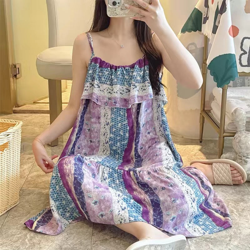 Printed Cotton Rayon Nightdress Loose Fit Loungewear for Summer Wearable Outdoors