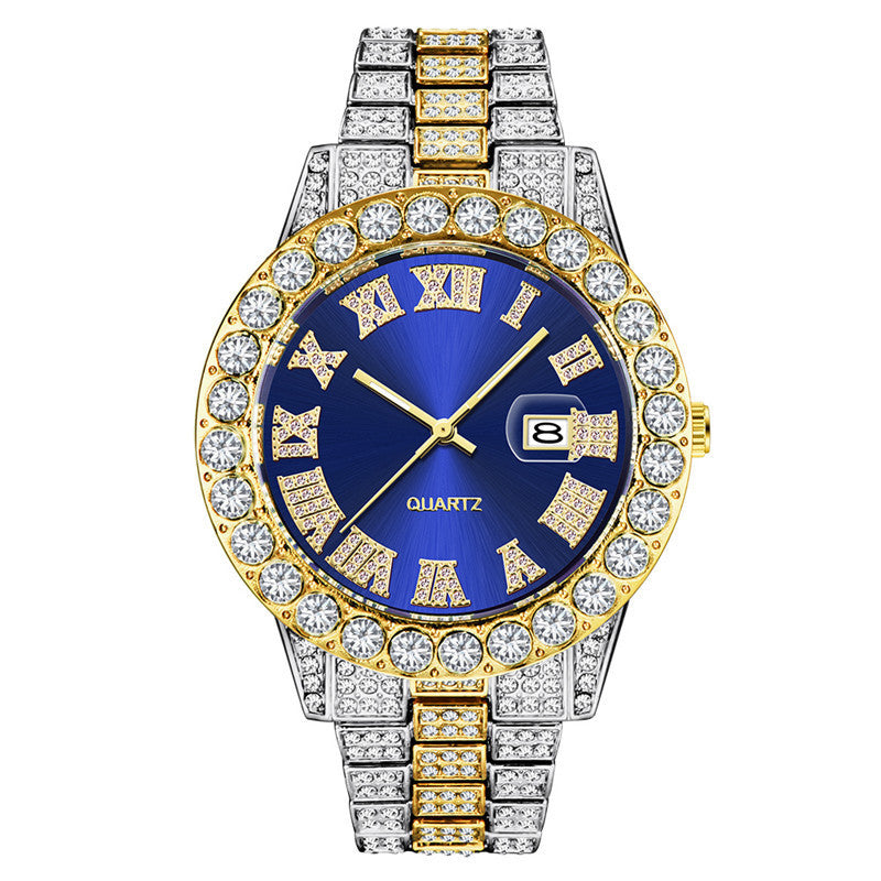 Hip hop Mens Full Diamond Stainless Steel Date Quartz Watch