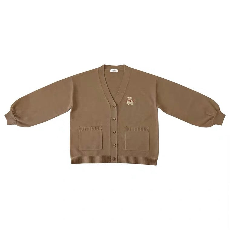 New Cute Bear Embroidered V-neck Loose Jk Sweater Women&#039;s Preppy Style Outer Wear Knitted Cardigan