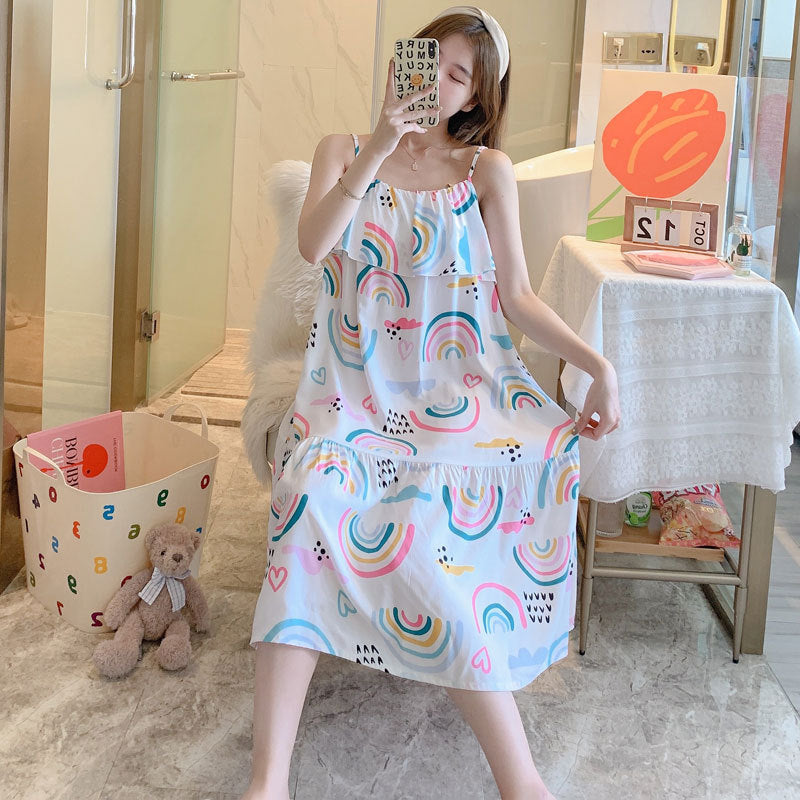 Printed Cotton Rayon Nightdress Loose Fit Loungewear for Summer Wearable Outdoors