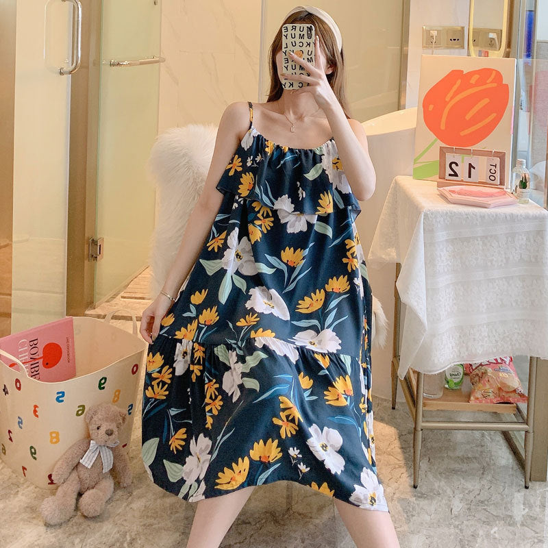 Printed Cotton Rayon Nightdress Loose Fit Loungewear for Summer Wearable Outdoors