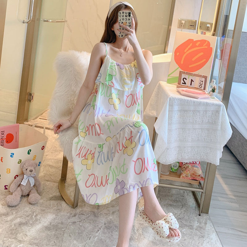 Printed Cotton Rayon Nightdress Loose Fit Loungewear for Summer Wearable Outdoors