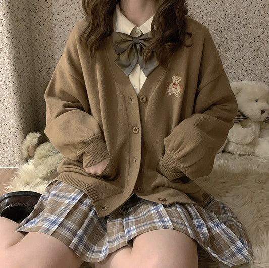 New Cute Bear Embroidered V-neck Loose Jk Sweater Women&#039;s Preppy Style Outer Wear Knitted Cardigan