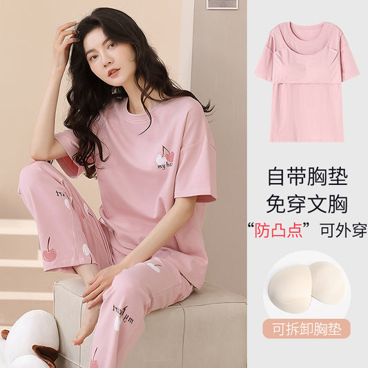 Short Sleeve Pants With Chest Pad Pajamas Women&#039;s Summer Two-piece Thin Home Clothes Large Size