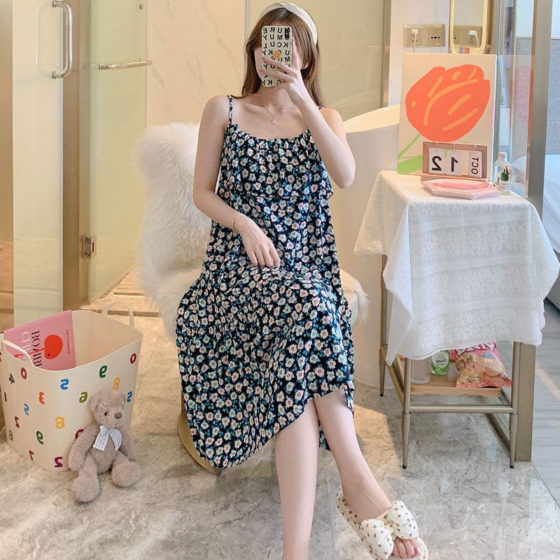 Printed Cotton Rayon Nightdress Loose Fit Loungewear for Summer Wearable Outdoors