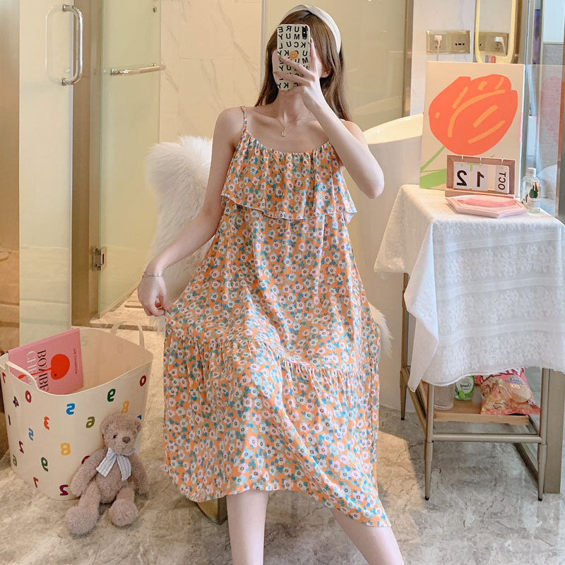 Printed Cotton Rayon Nightdress Loose Fit Loungewear for Summer Wearable Outdoors