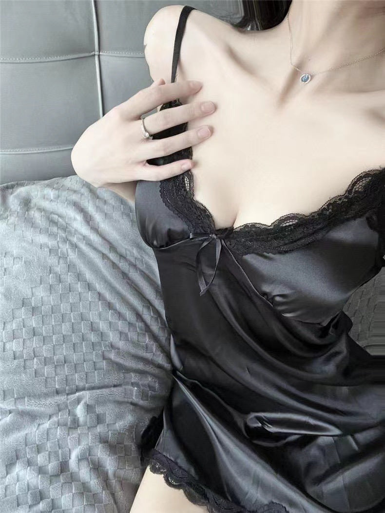 Halter lace nightgown, nude pajama for women, spring and autumn style with chest pads